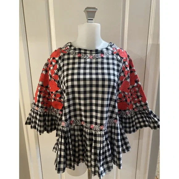 Anthropologie Pankaj Nidhi Gingham Swing Ruffle Embroidered Top Size XS Boho - Picture 2 of 14